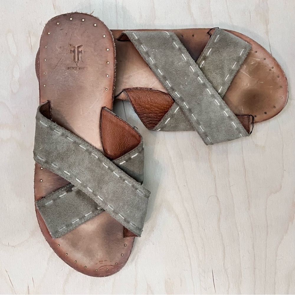- Frye Avery Pickstitch tan leather slide sandal